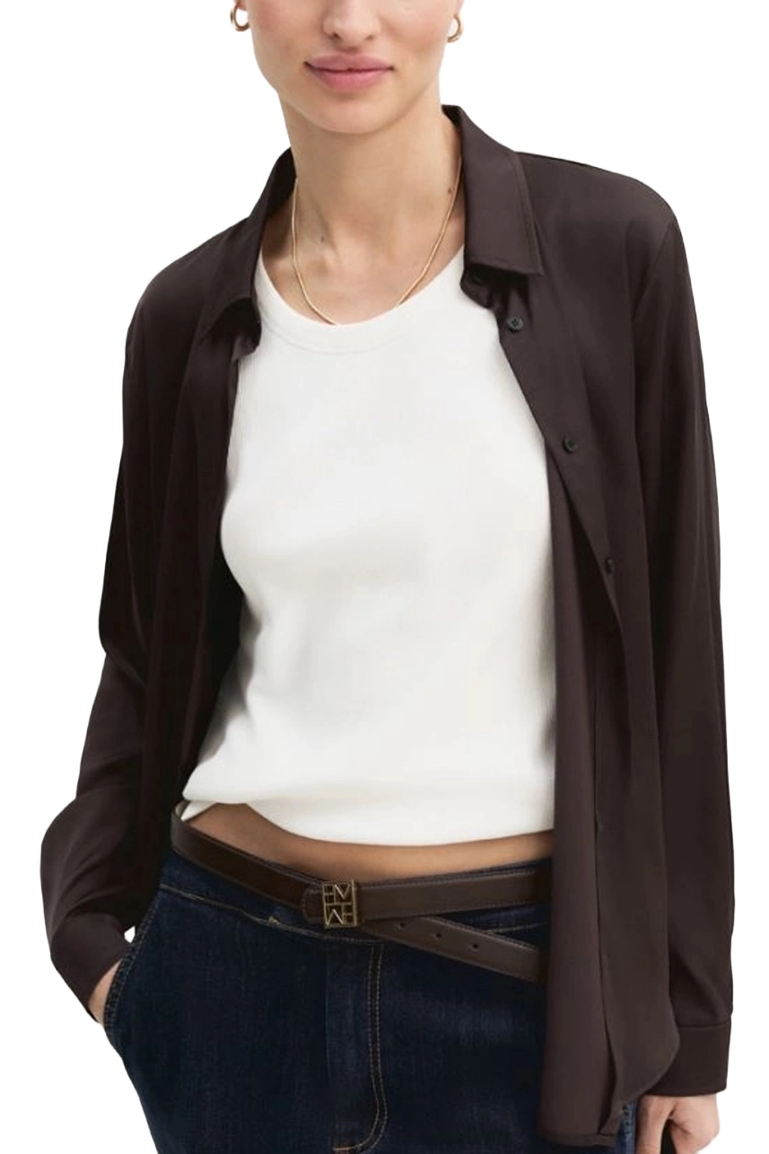 CAMICIA FLUIDA IN RASO LEGGERO STRETCH CON FONDO STONDATO DONNA MARRONE