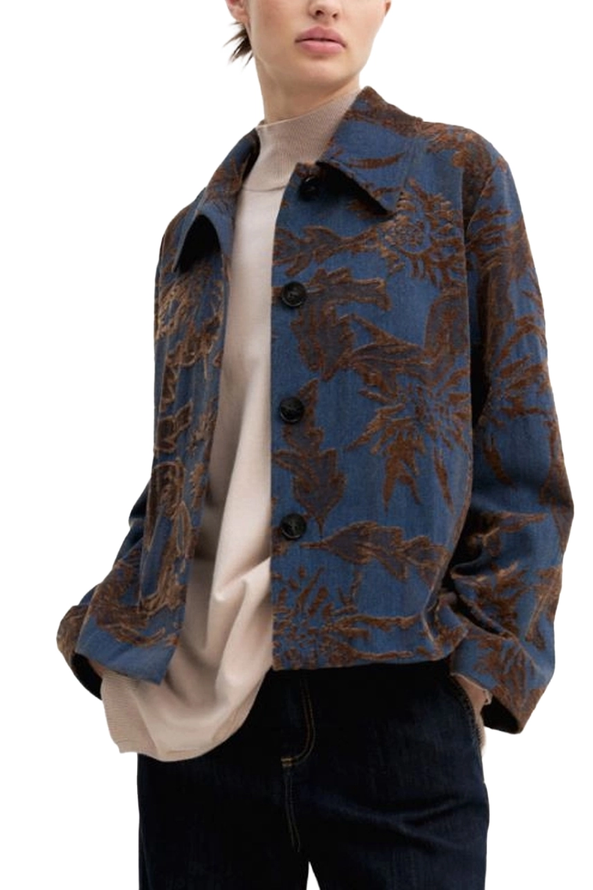 GIACCA CORTA IN DENIM  JACQUARD CON FANTASIA FLOREALE DONNA BLU