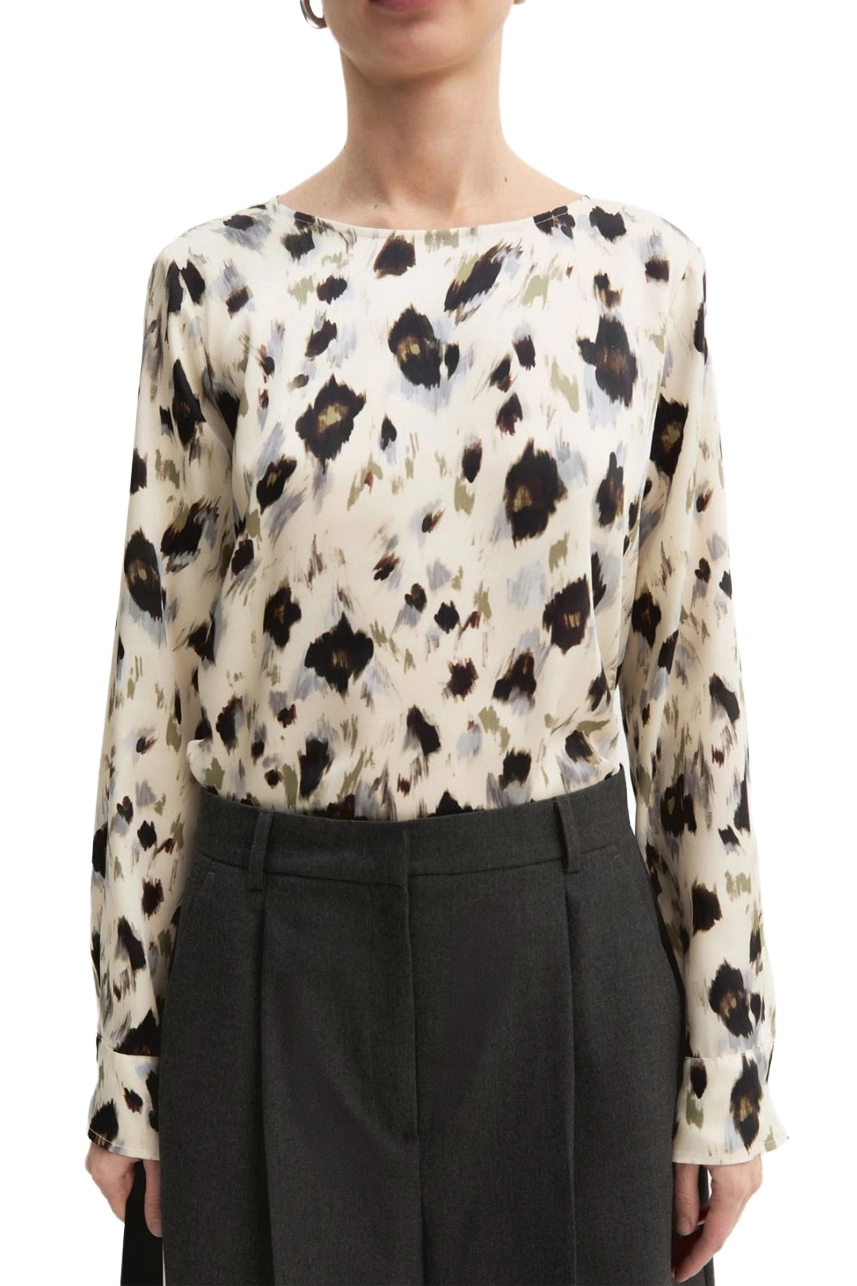 BLUSA IN TWILL STAMPATO CON SCOLLO A BARCA E FONDO ASIMMETRICO DONNA AVORIO