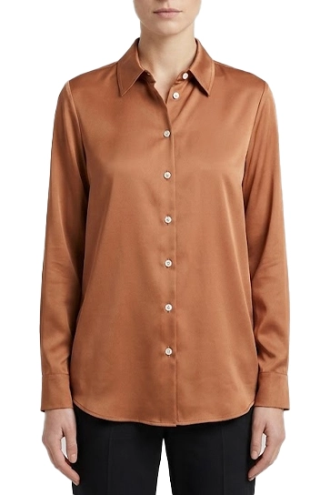 CAMICIA FLUIDA IN RASO LEGGERO STRETCH CON FONDO STONDATO DONNA ROSSO MATTONE