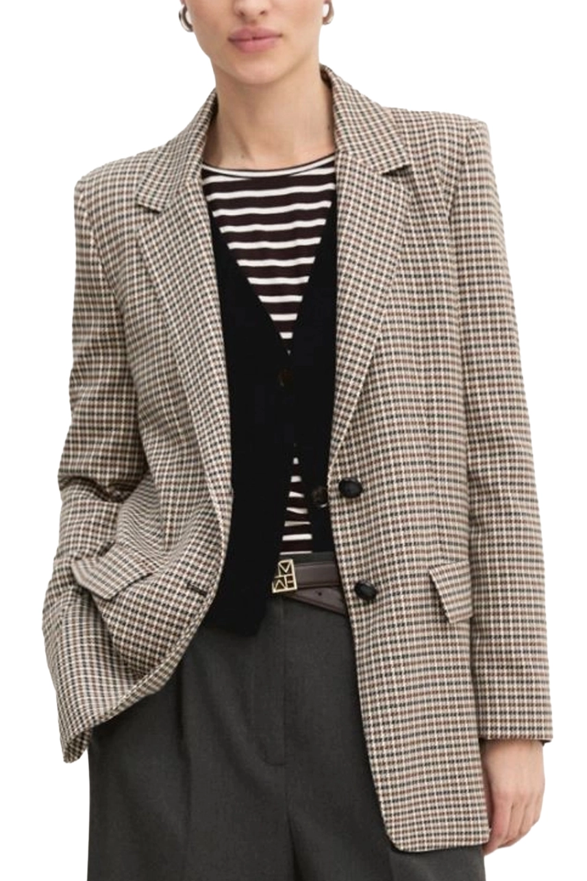 BLAZER MONOPETTO IN TESSUTO STRETCH CON STAMPA FANTASIA DONNA MARRONE