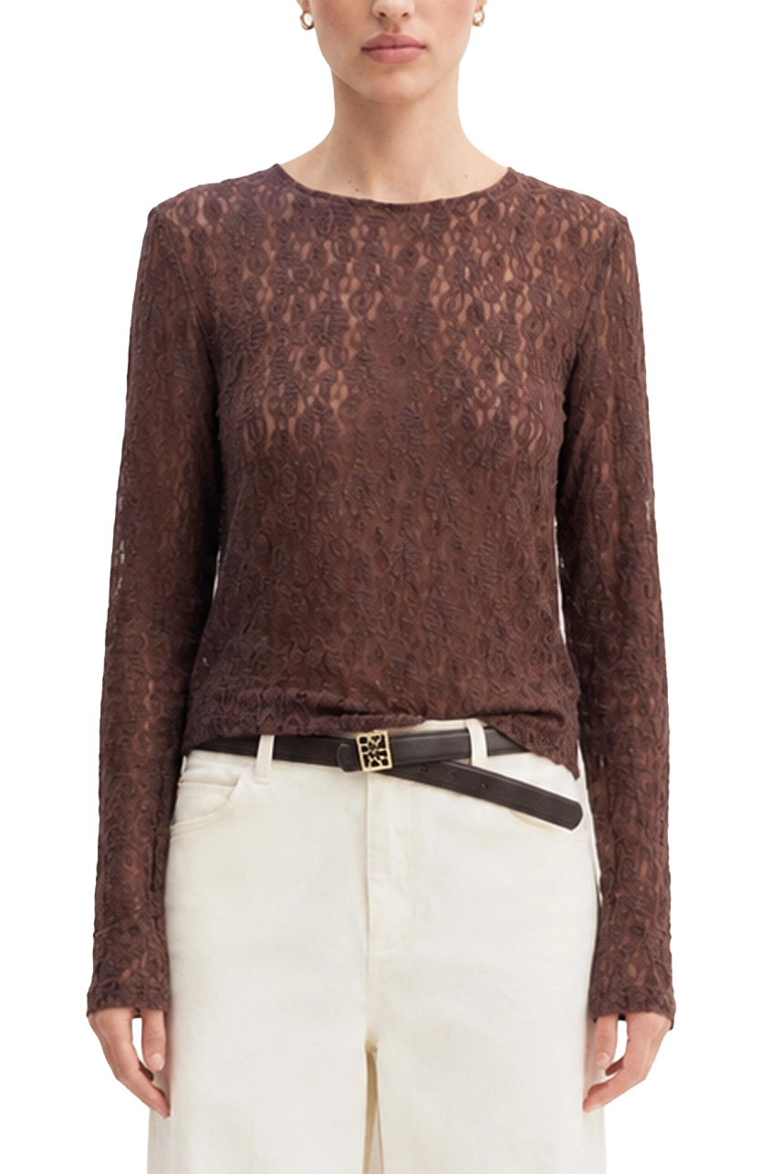 T-SHIRT MANICA LUNGA IN JERSEY DI PIZZO CON APERTURA POSTERIIORE DONNA MARRONE