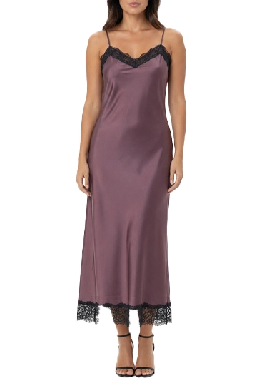 VESTITO LUNGO CON BORDO IN PIZZO E SPALLINE SOTTILI DONNA MARRONE