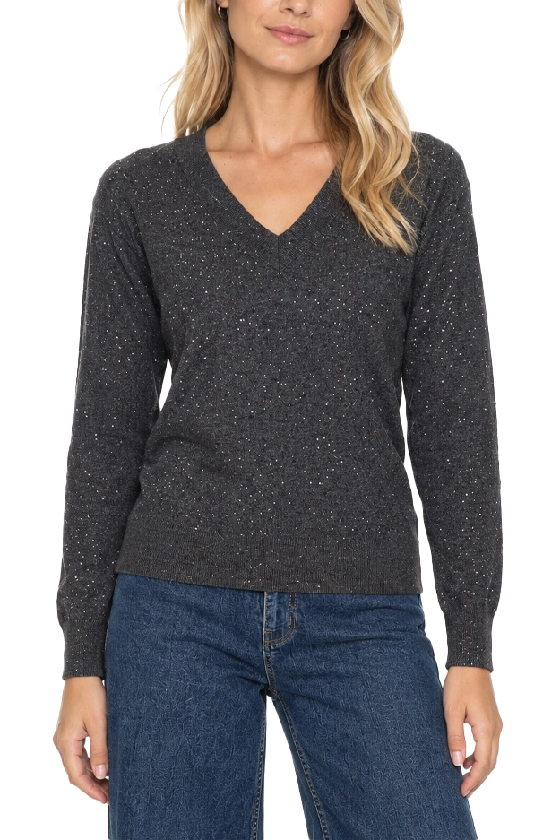 MAGLIA SCOLLO A V IN MISTO LANA CON LUREX E PAILLETTES DONNA GRIGIO SCURO