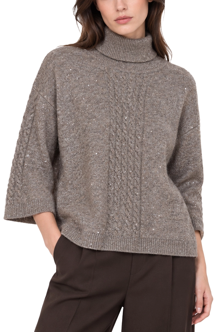 MAGLIA DOLCEVITA IN MISTO LANA CON PAILETTES E DETTAGLI A COSTINE DONNA TORTORA