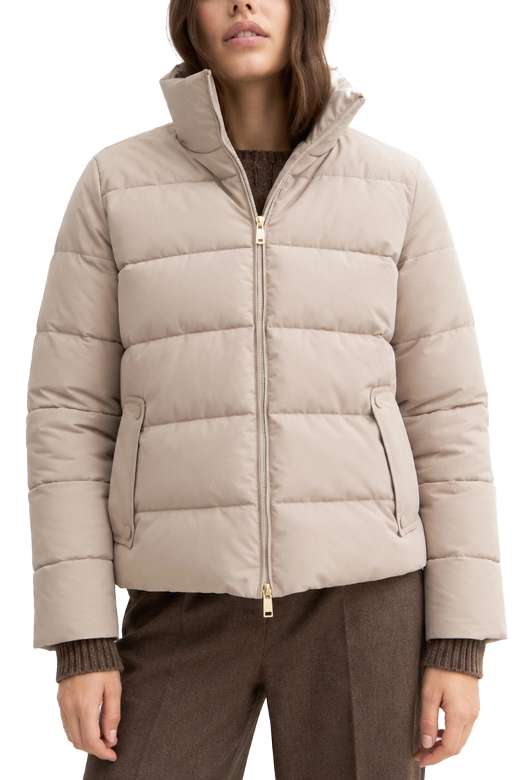 PIUMINO CORTO IMBOTTITO IN TAFFETÀ TECNICO CON CAPPUCCIO FURRY DONNA BEIGE