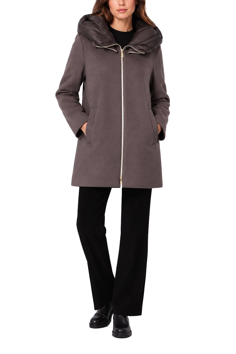 CAPPOTTO LUNGO DI PANNO SOFT IMBOTTITO CON CAPPUCCIO E PETTORINA RIMOVIBILI DONNA MARRONE