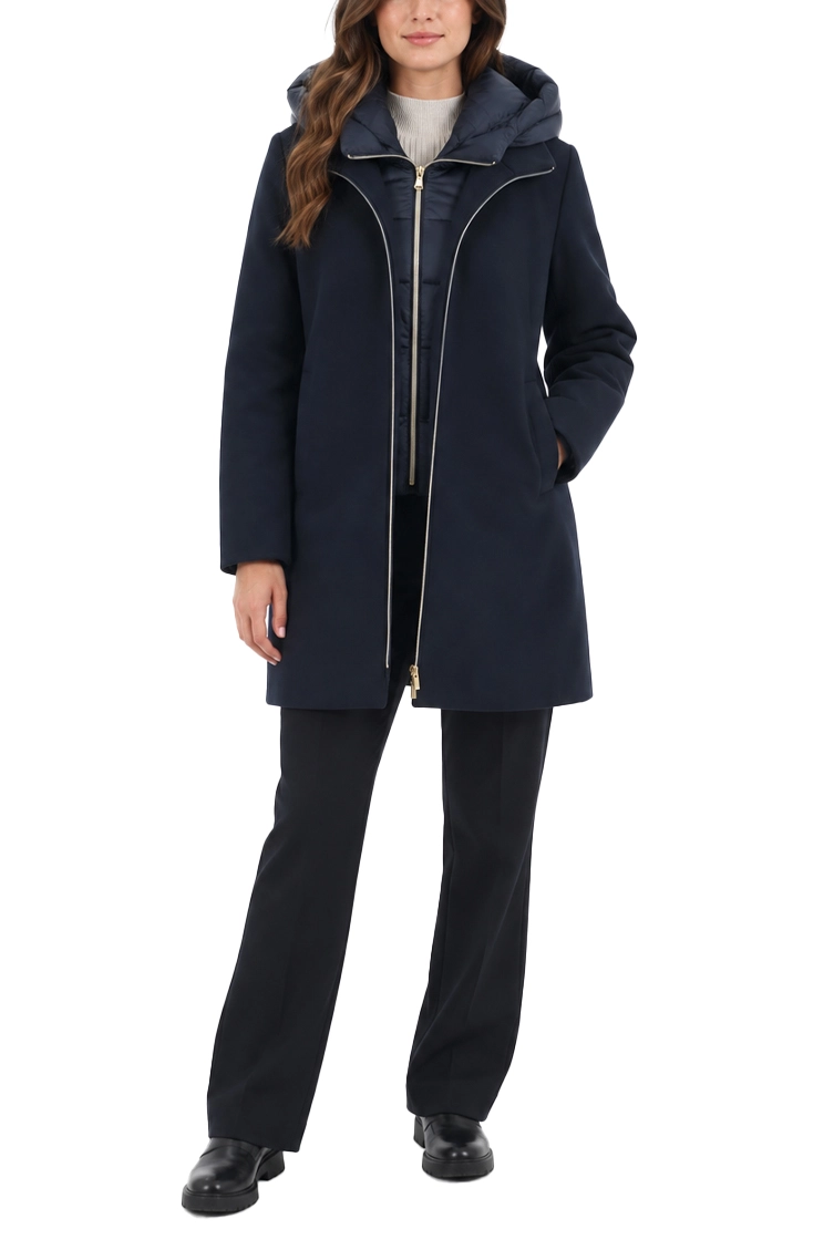 CAPPOTTO LUNGO DI PANNO SOFT IMBOTTITO CON CAPPUCCIO E PETTORINA RIMOVIBILI DONNA BLU