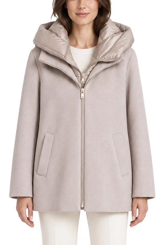 CAPPOTTO CORTO IN PANNO SOFT CON CAPPUCCIO ANTIGOCCIA RIMOVIBILE BEIGE