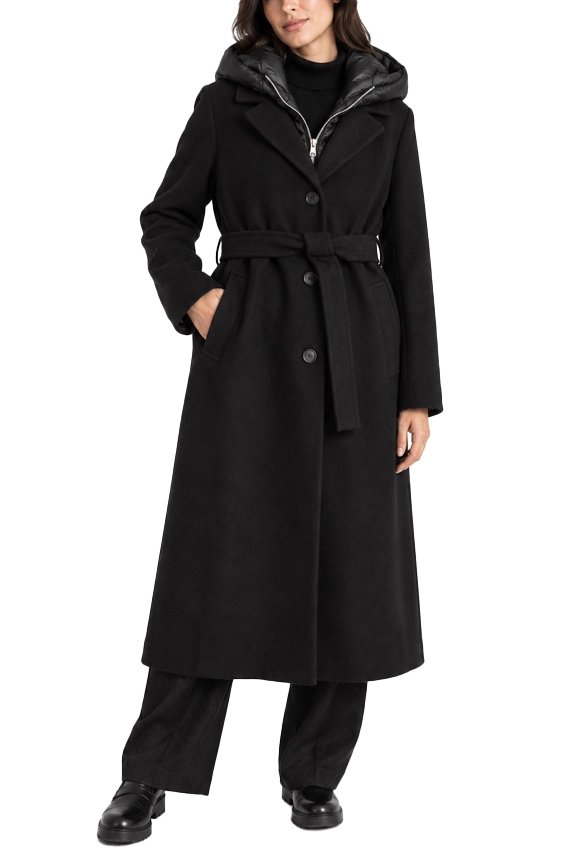 CAPPOTTO LUNGO IN PANNO SOFT IMBOTTITO CON CAPPUCCIO RIMOVIBILE DONNA NERO