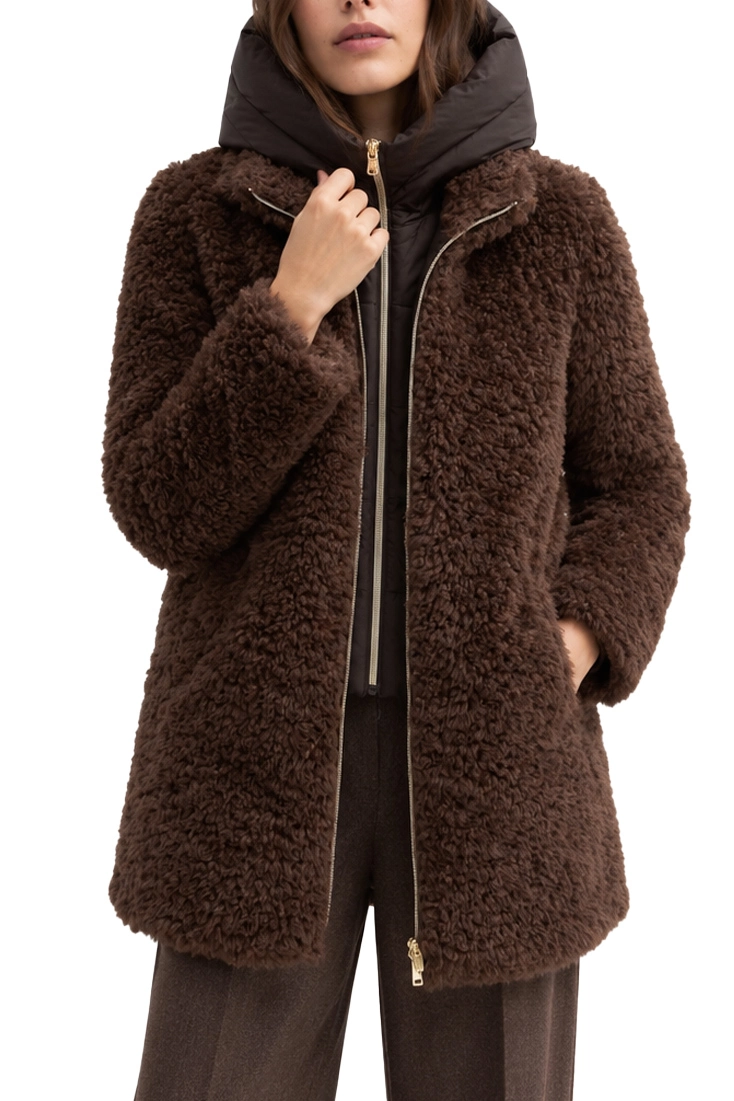 CAPPOTTO CORTO FURRY IMBOTTITO CON CAPPUCCIO RIMOVIBILE DONNA TORTORA