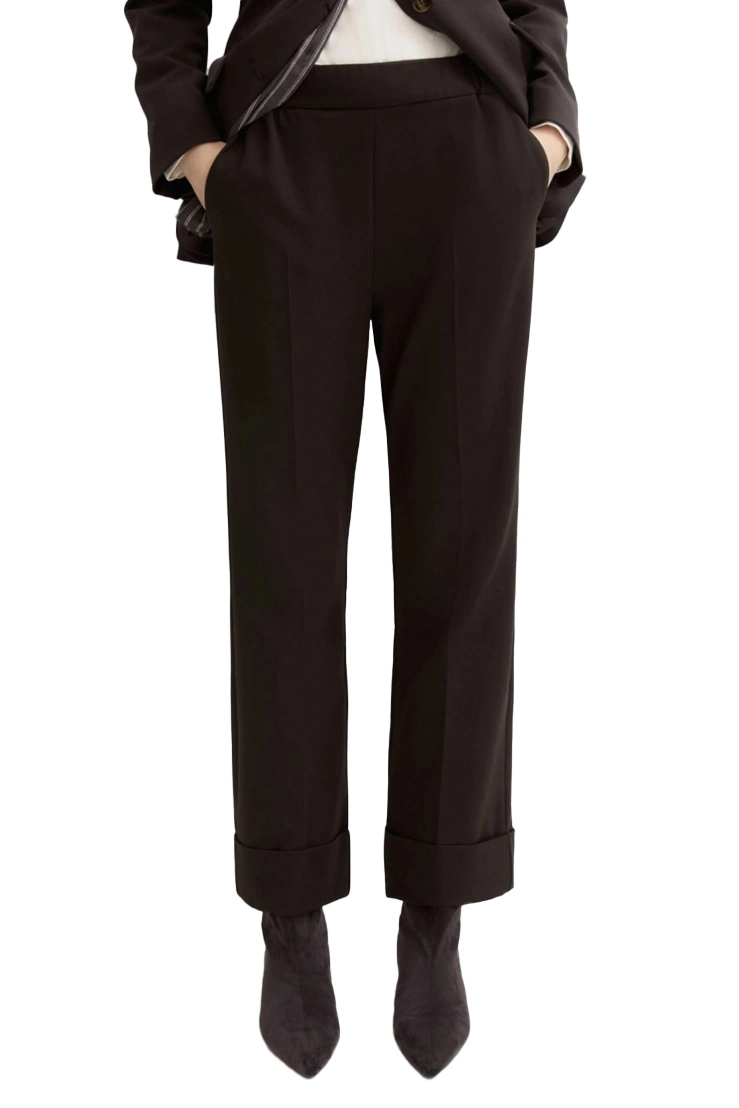 PANTALONI PALAZZO IN GABARDINA STRETCH CON RISVOLTO DONNA MARRONE