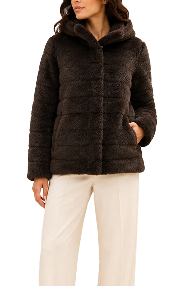 GIACHA IN ECO PELLICCIA IN TESSUTO FURRY CON CAPPUCCIO DONNA MARRONE