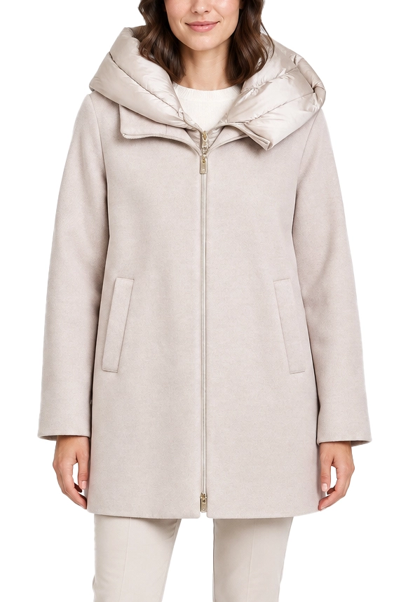 CAPPOTTO LUNGO DI PANNO SOFT IMBOTTITO CON CAPPUCCIO E PETTORINA RIMOVIBILI DONNA BEIGE