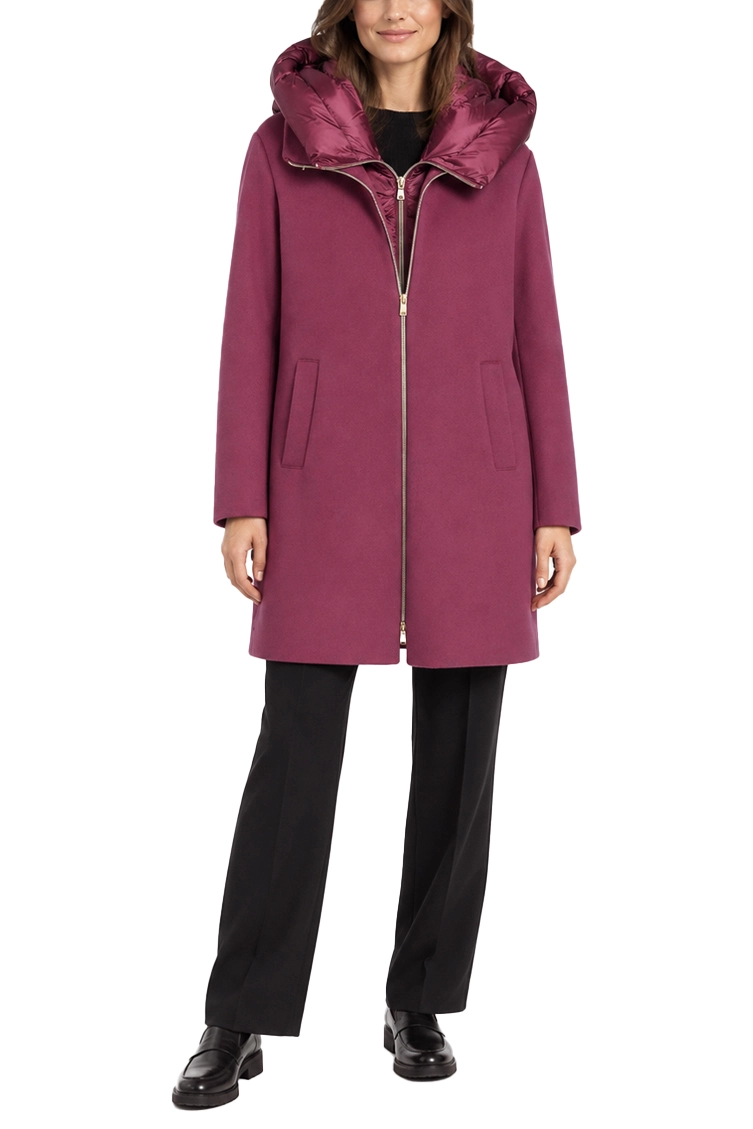 CAPPOTTO LUNGO DI PANNO SOFT IMBOTTITO CON CAPPUCCIO E PETTORINA RIMOVIBILI DONNA VIOLA
