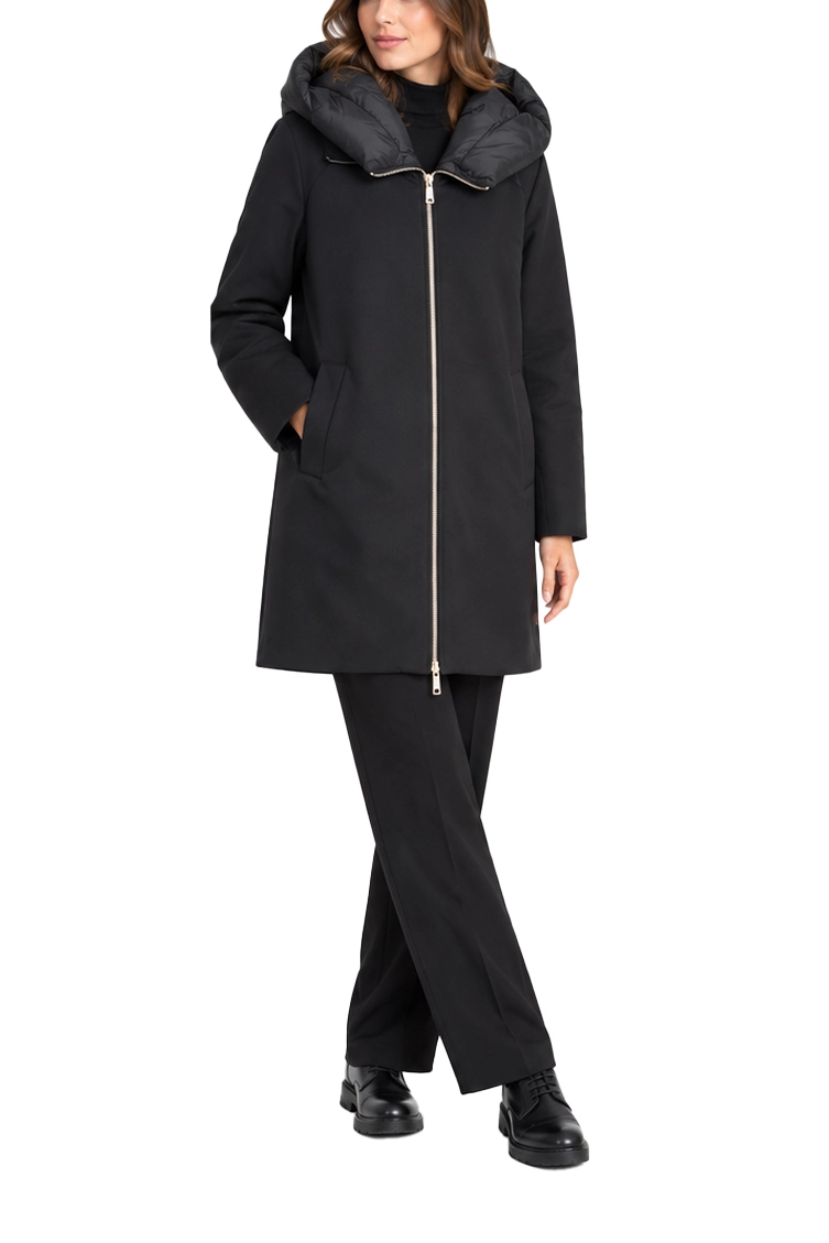 CAPPOTTO LUNGO DI PANNO SOFT IMBOTTITO CON CAPPUCCIO E PETTORINA RIMOVIBILI DONNA NERO
