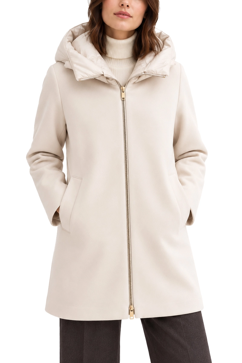 CAPPOTTO LUNGO DI PANNO SOFT IMBOTTITO CON CAPPUCCIO E PETTORINA RIMOVIBILI DONNA AVORIO