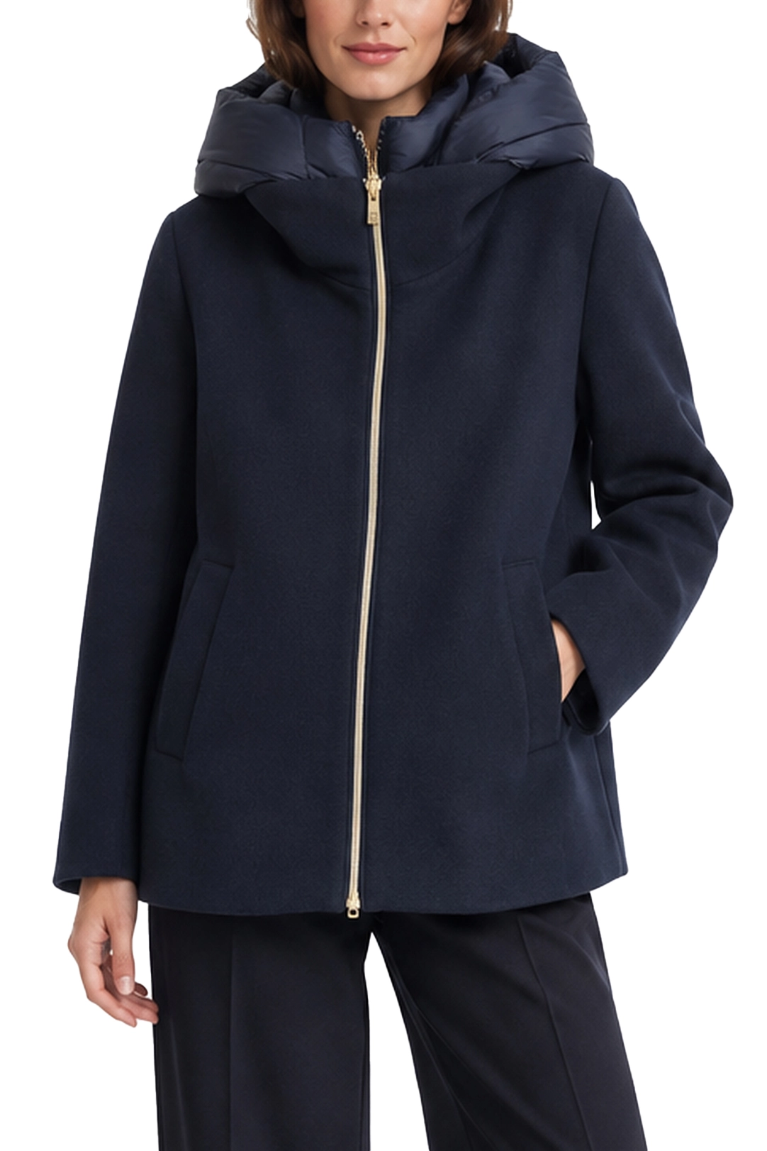 CAPPOTTO CORTO IN PANNO SOFT CON CAPPUCCIO ANTIGOCCIA RIMOVIBILE BLU