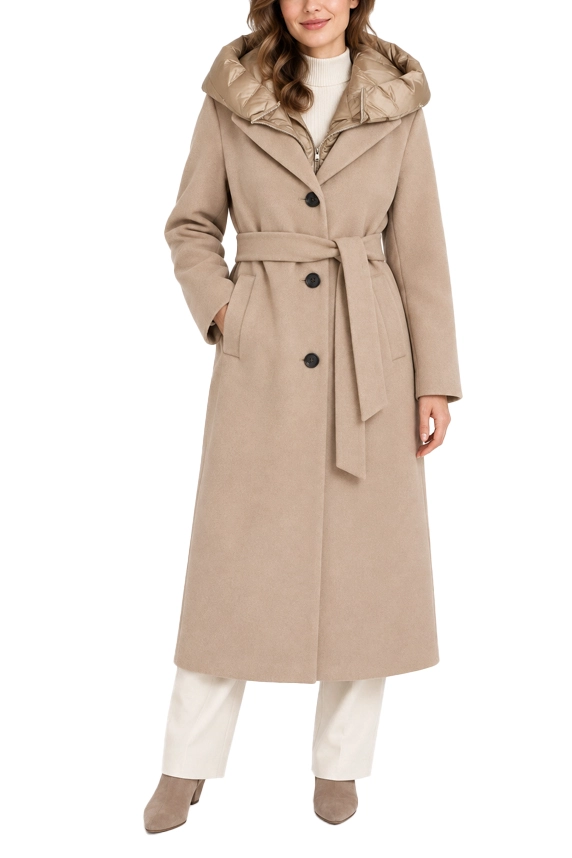 CAPPOTTO LUNGO IN PANNO SOFT IMBOTTITO CON CAPPUCCIO RIMOVIBILE DONNA MARRONE
