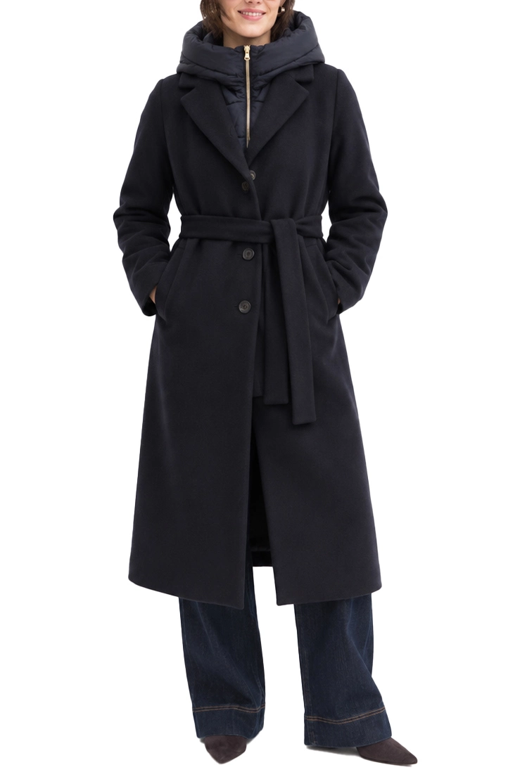 CAPPOTTO LUNGO IN PANNO SOFT IMBOTTITO CON CAPPUCCIO RIMOVIBILE DONNA BLU