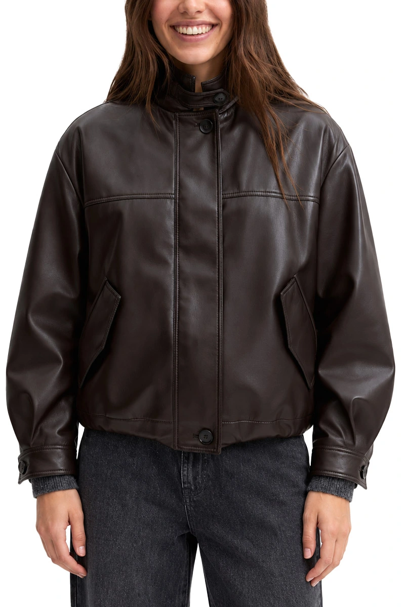 GIACCA CORTA BOMBER OVERSIZE IN JERSEY SPALMATO EFFETTO VELLUTATO DONNA MARRONE
