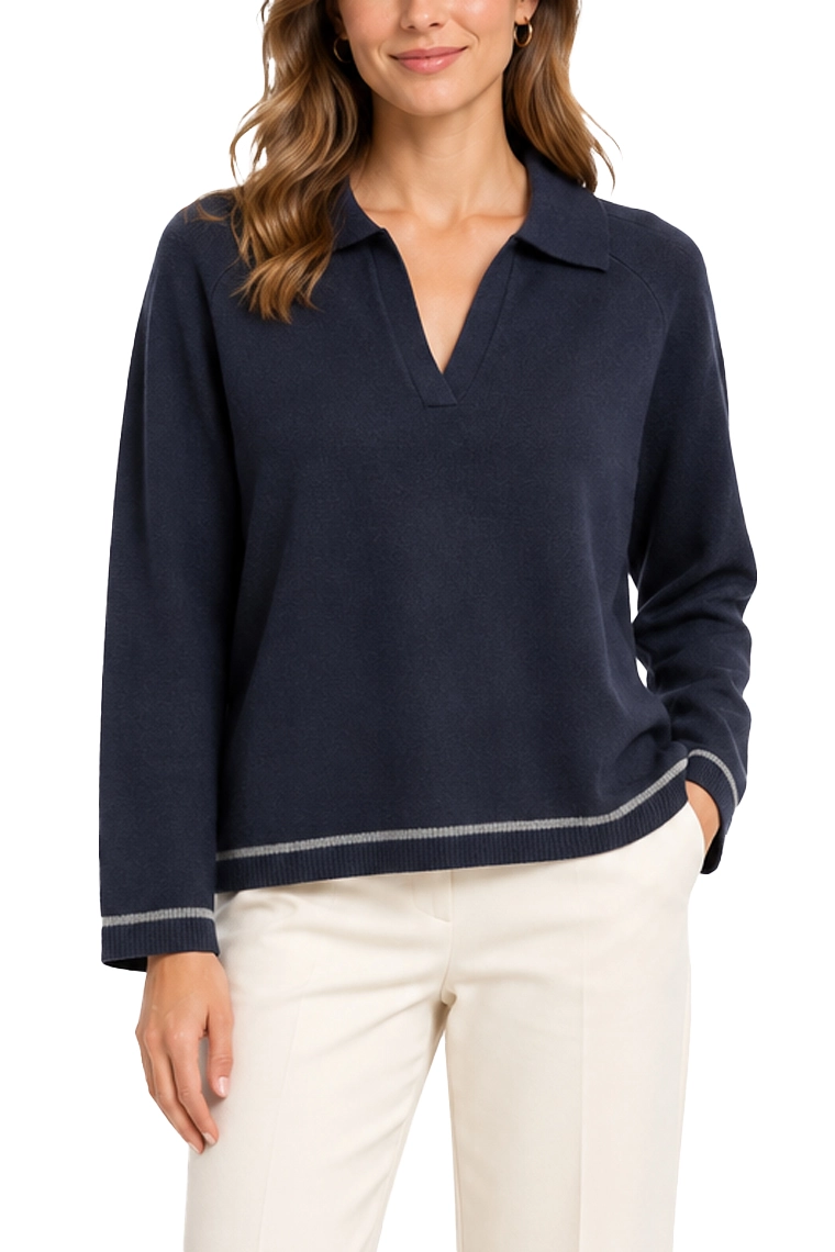 MAGLIA GIROCOLLO CON COLLO A POLO E PROFILI A CONTRASTO DONNA BLU