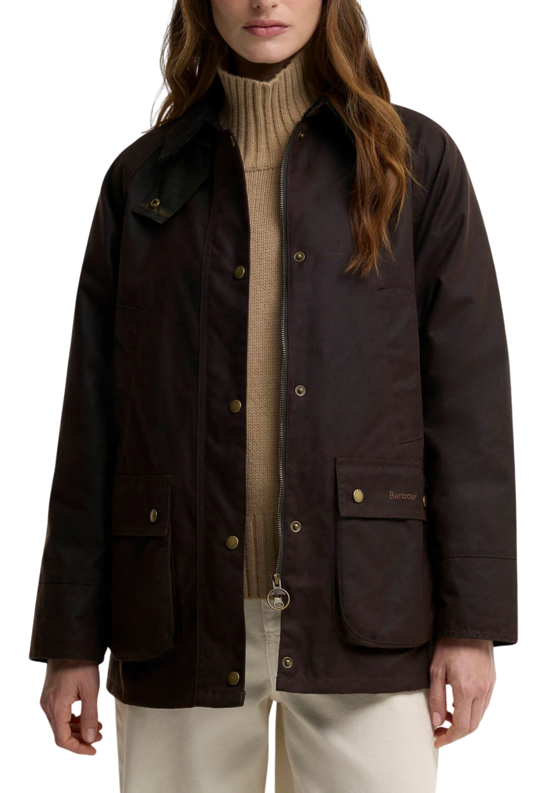 GIACCA IMPERMEABILE IN COTONE CERATO CON COLLETTO IN VELLUTO A COSTE DONNA MARRONE