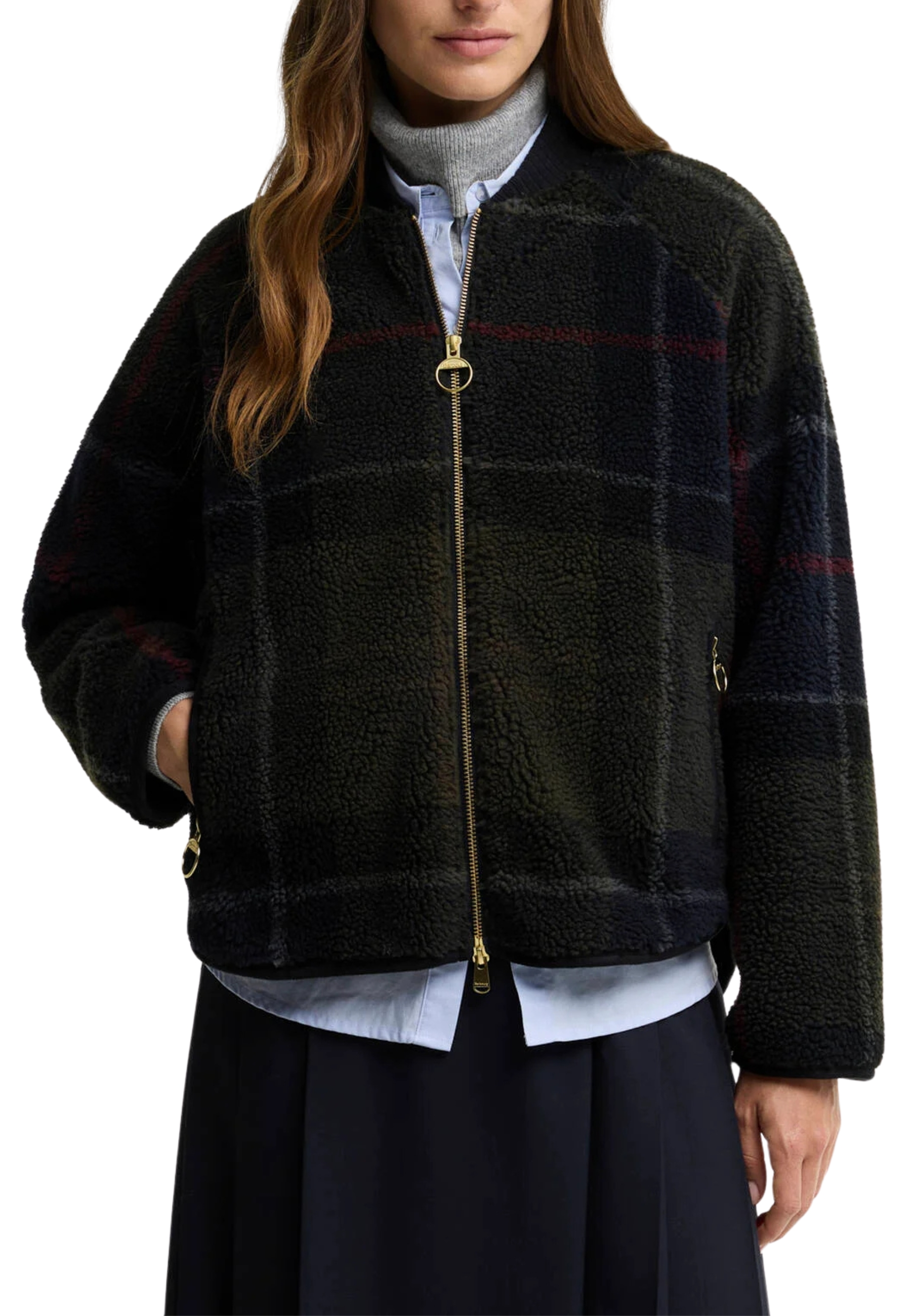 GIACCA CORTA IN PILE JACQUARD TARTAN DONNA VERDE