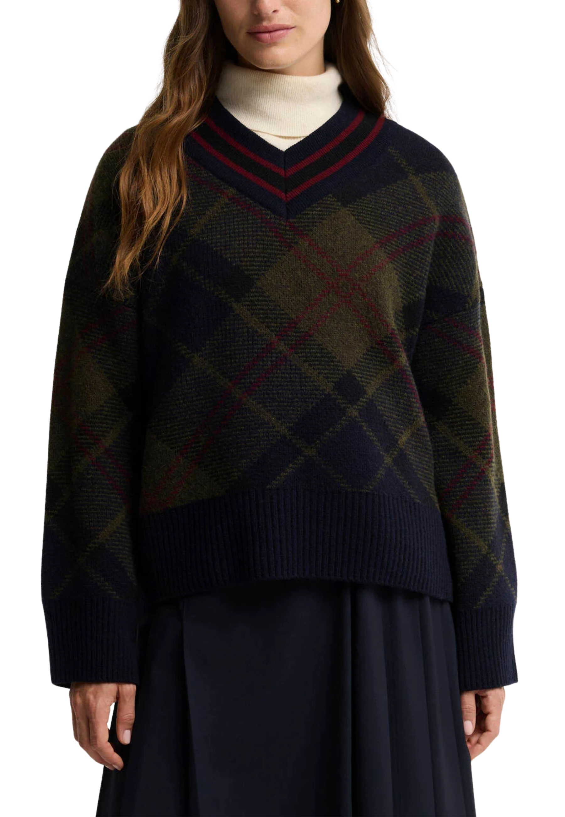 MAGLIA SCOLLO A V IN LANA TARTAN DONNA VERDE