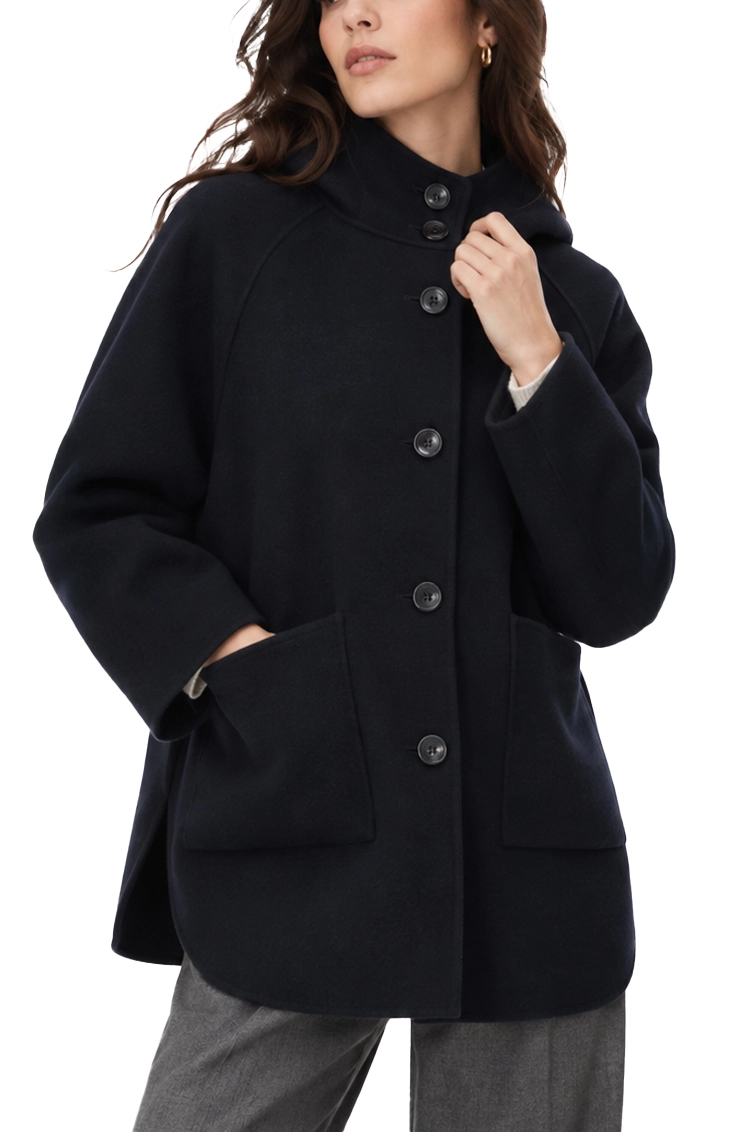 CAPPOTTO CORTO CON CAPPUCCIO IN MISTO LANA DONNA BLU