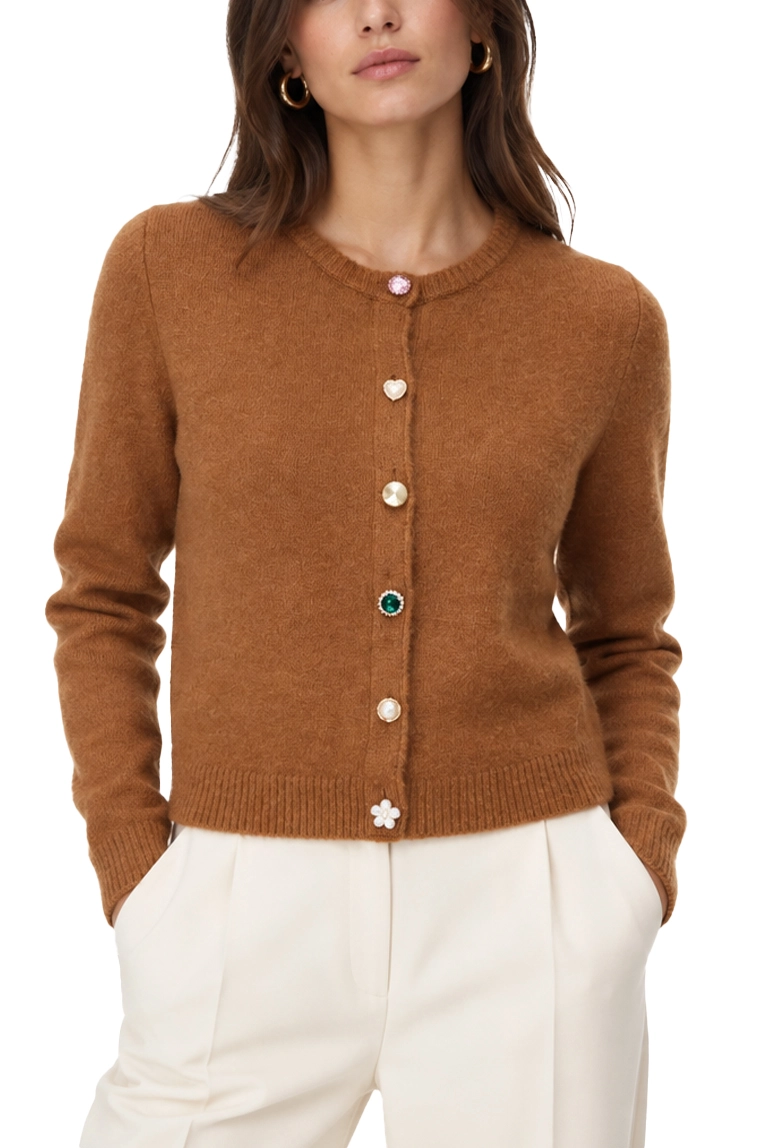 CARDIGAN CON APPLICAZIONI GIOIELLO IN MISTO LANA E ALPACA DONNA MARRONE