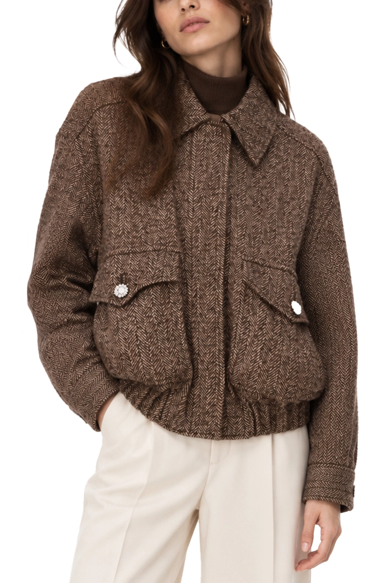 GIACCA  CORTA IN TWEED CON BOTTONI GIOIELLO DONNA MARRONE