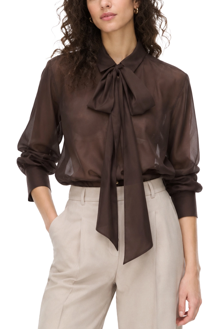 CAMICIA DRITTA IN MISTO SETA E COTONE CON SCIARPINA DONNA MARRONE