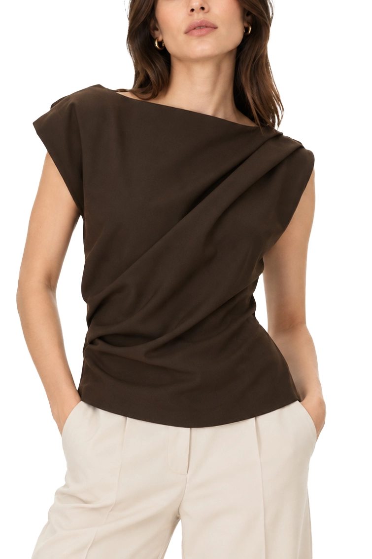 TOP ADERENTE DRAPPEGGIATO CON SCOLLO A BARCHETTA DONNA MARRONE