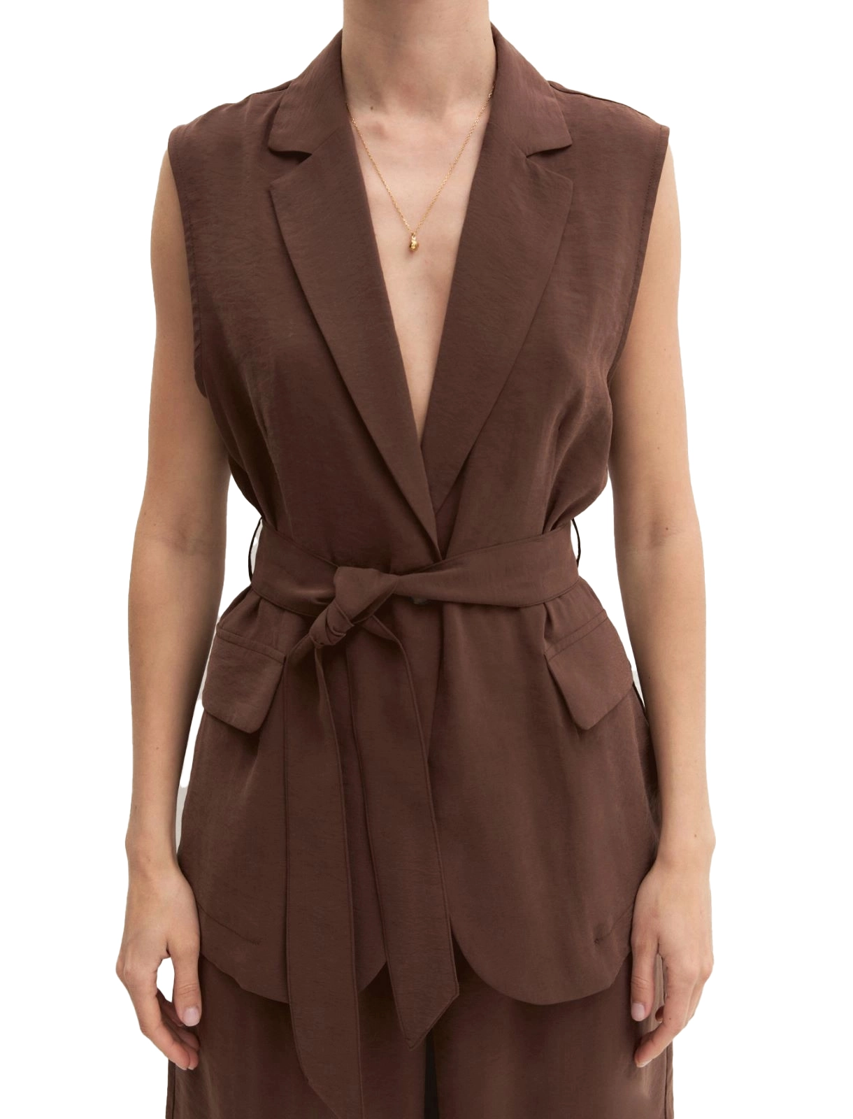 GILET CON TASCHE LATERALI E CINTURA DONNA MARRONE