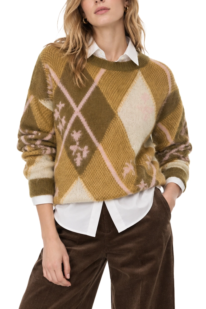 MAGLIA GIROCCOLO AMPIA IN MISTO MOHAIR INTARSIATO DONNA MARRONE