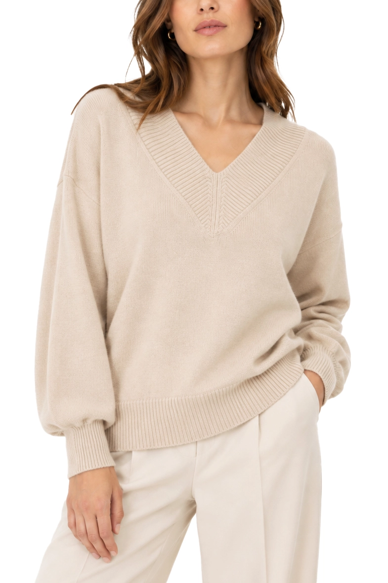 MAGLIA CON SCOLLO A V AMPIA IN MISTO CASHMERE E LANA DONNA BEIGE