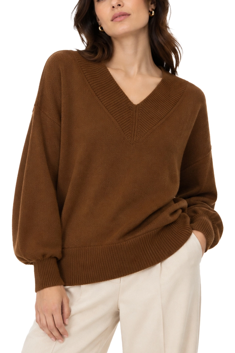 MAGLIA CON SCOLLO A V AMPIA IN MISTO CASHMERE E LANA DONNA MARRONE