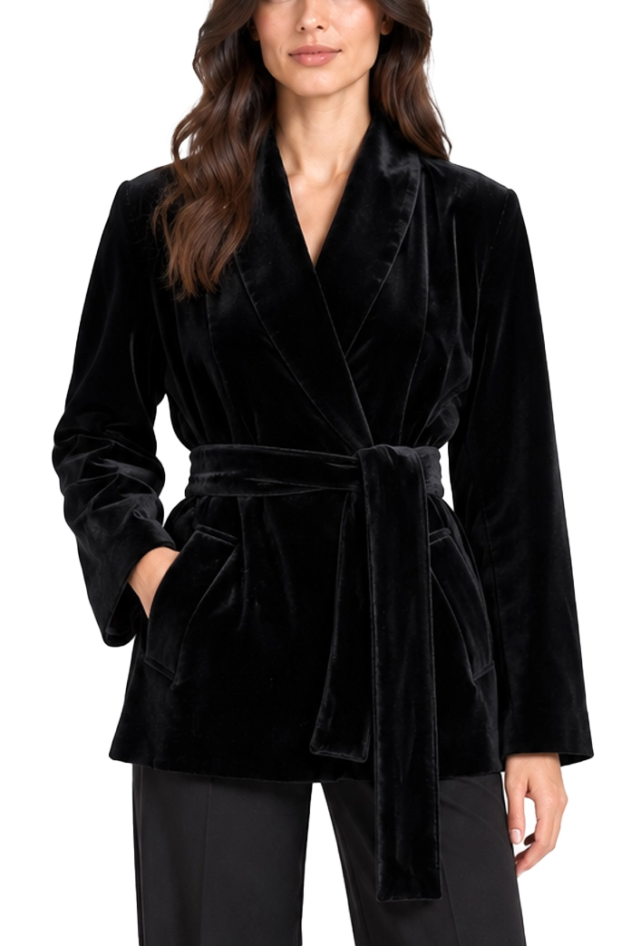 BLAZER IN VELLUTO CON COLLO A SCIALLE E CINTURA DONNA NERO