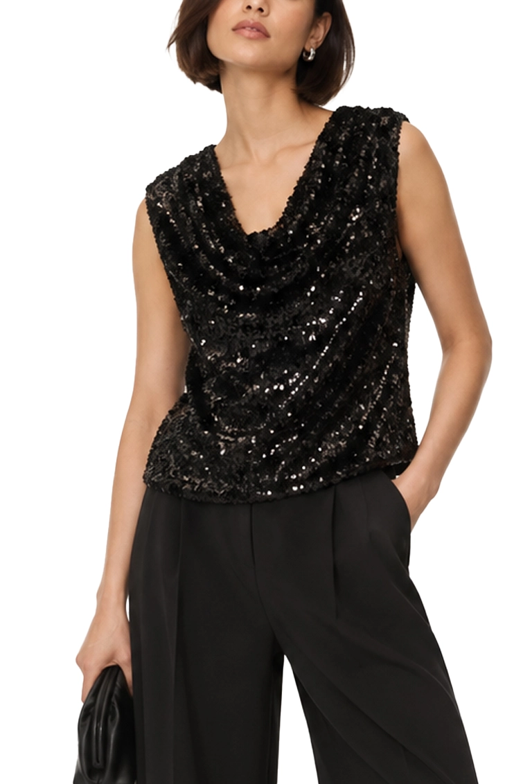 TOP IN TULLE CON PAILLETTES E DRAPPEGGIO DONNA NERO
