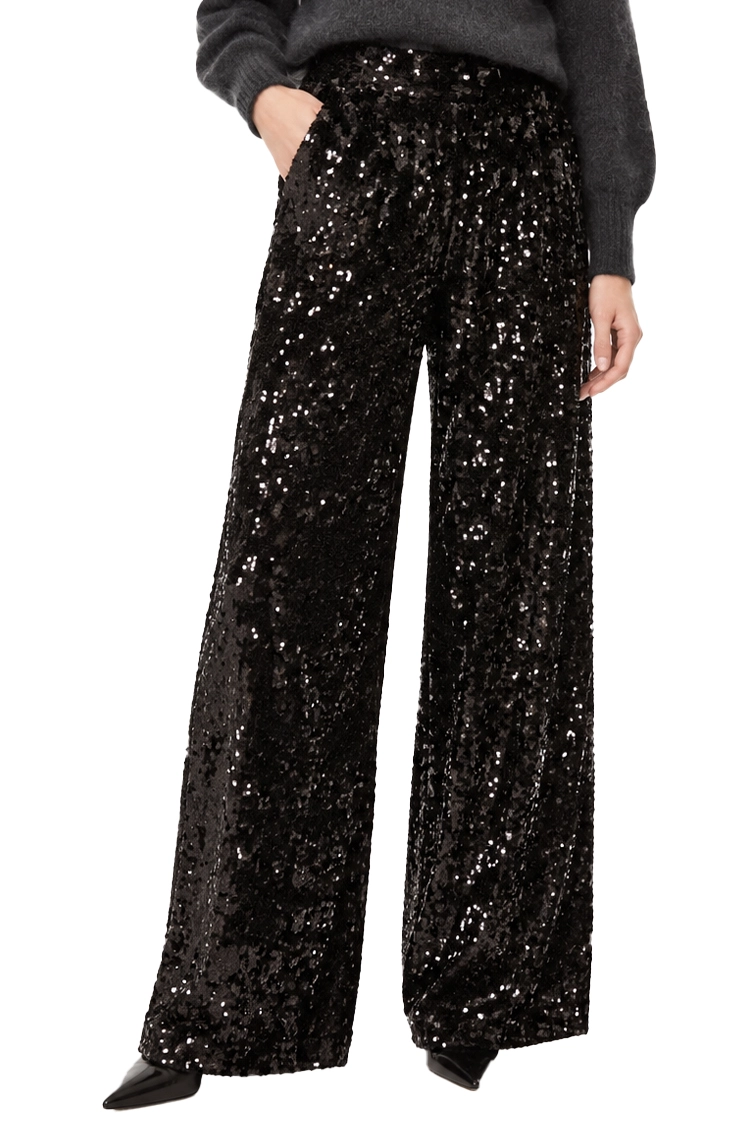PANTALONI PALAZZO IN  JERSEY TULLE RICAMATO CON PAILLETTES DONNA NERO