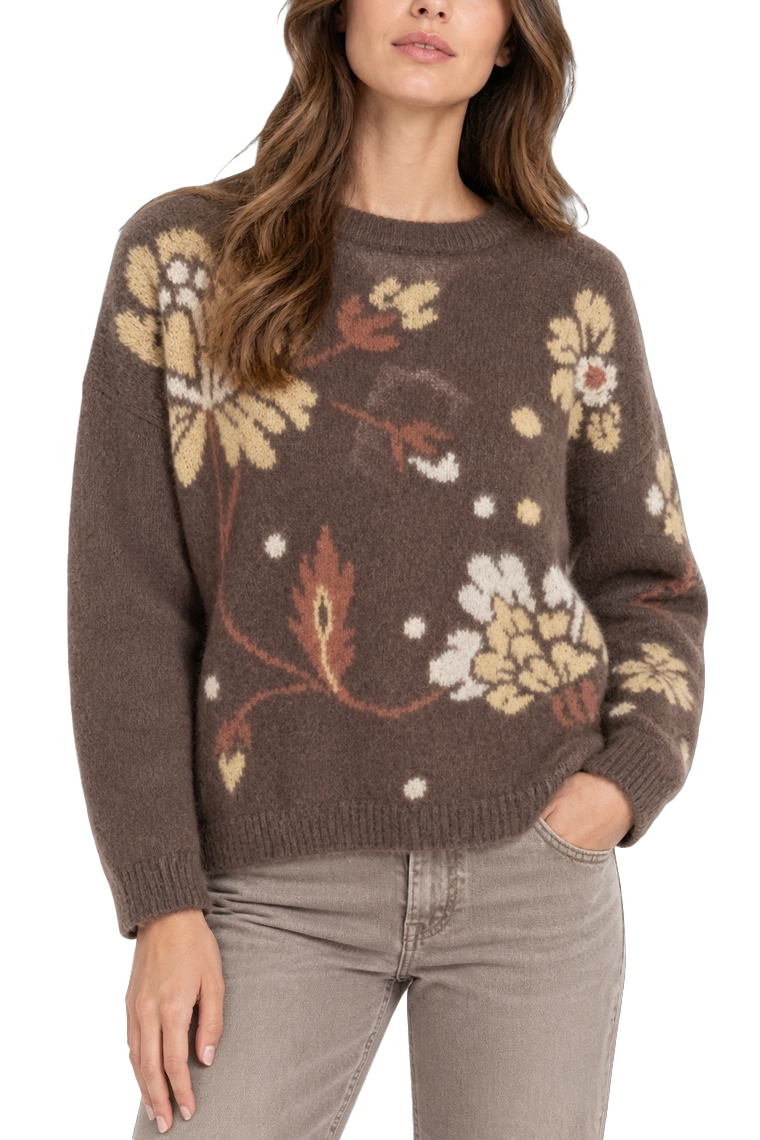 MAGLIA GIROCCOLO AMPIA IN MISTO MOHAIR INTARSIATO DONNA MARRONE SCURO
