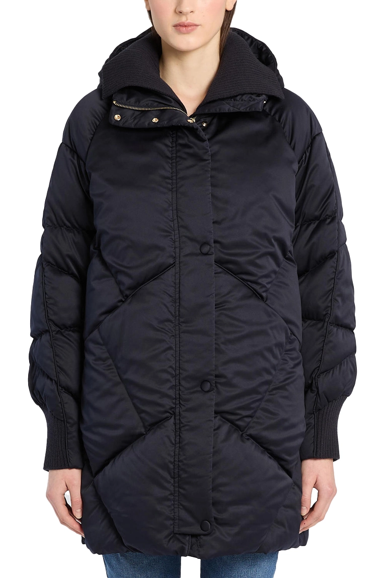 PIUMINO LUNGO IN RASO LUCIDO CON DETTAGLI IN MAGLIA DONNA BLU