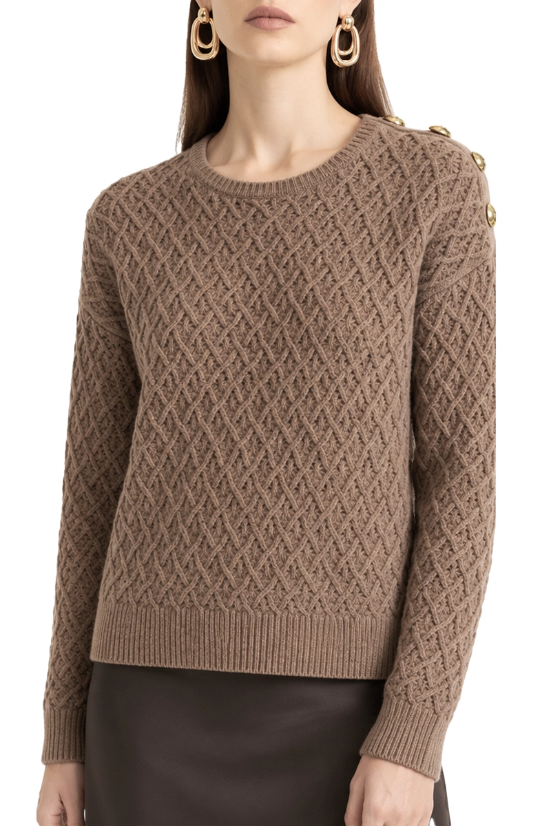 MAGLIA GIROCOLLO IN LANA MERINO CON BOTTONI BIJOUX DONNA MARRONE