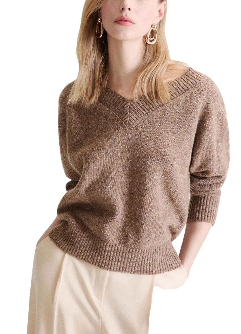 MAGLIA CON SCOLLO A V IN MISTO LANA BOTTONATO DONNA MARRONE