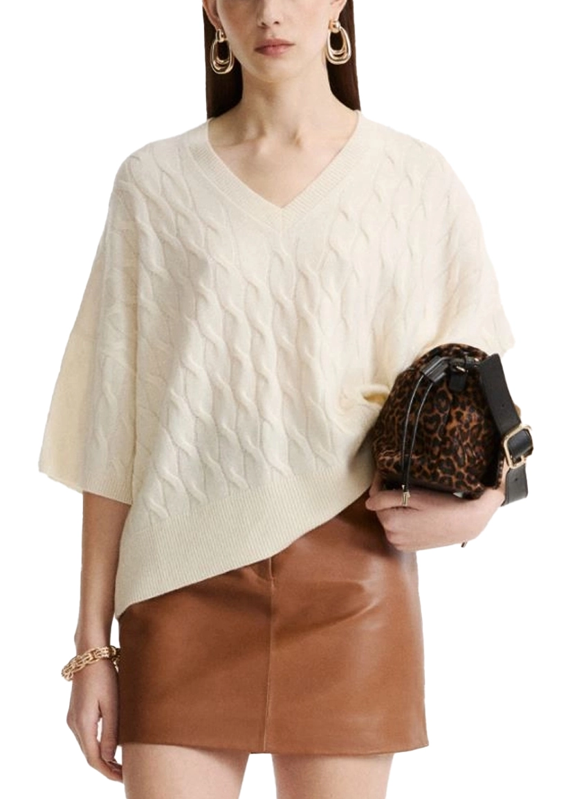 MAGLIA CON SCOLLO A V IN LANA E CASHMERE CON LAVORAZIONE A TRECCE DONNA AVORIO