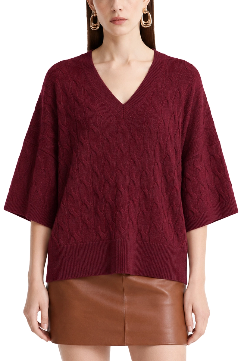 MAGLIA CON SCOLLO A V IN LANA E CASHMERE CON LAVORAZIONE A TRECCE DONNA BORDEAUX