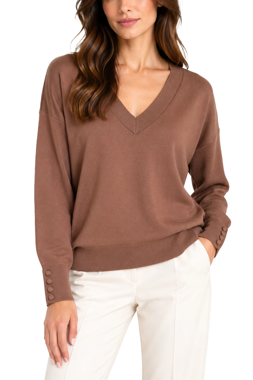 MAGLIA CON SCOLLO A V E SCIARPINA IN SETA DONNA MARRONE