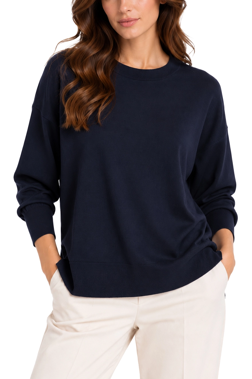 MAGLIA GIROCOLLO IN PURO LYOCELL CON SPACCHI LATERALI DONNA BLU