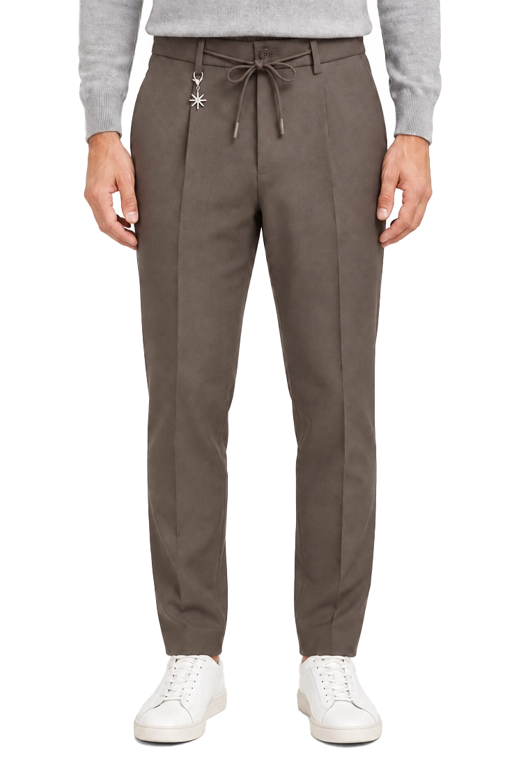 PANTALONI CHINO SARTORIALI CON COULISSE ED ELASTICO IN VITA UOMO MARRONE
